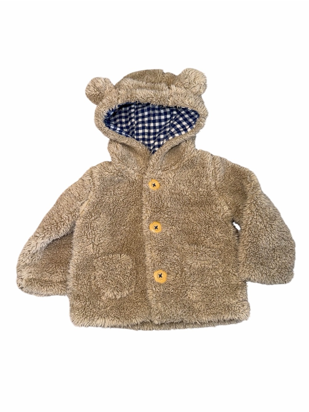 Baby Boden Teddy Bear Sherpa Flannel Lined Jacket 3-6M Brown Gingham Hood GUC